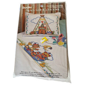 Vintage Bucilla Stamped Cross Stitch Crib Sheet Pillow Cuddly Friends Bears Baby